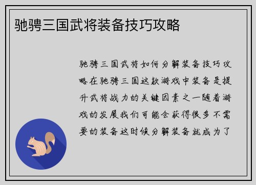 驰骋三国武将装备技巧攻略